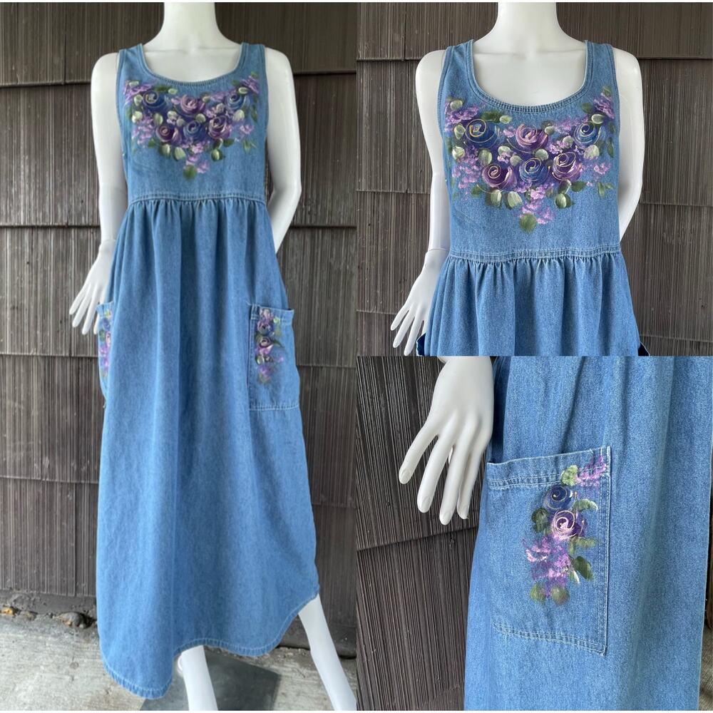 🔥90s Torpedo USA Custom Floral Paint Pinafore Sleeveless Jumper Denim Midi Dress